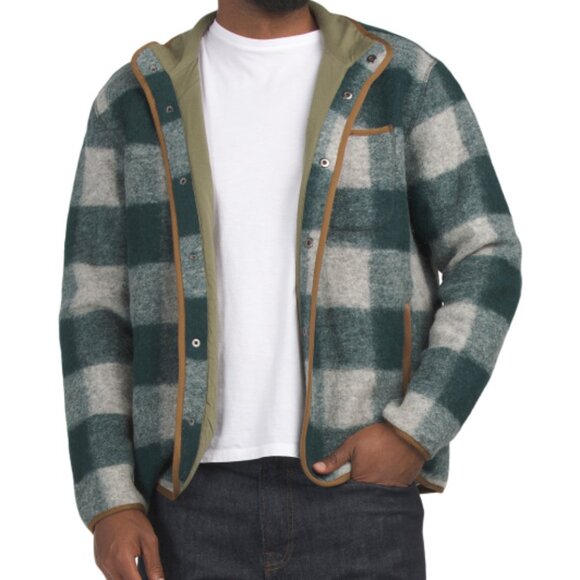 NEW BONOBOS Men Italian Virgin Wool Fleece Jacket Plaid green/gray 725 5m3 - Picture 7 of 8